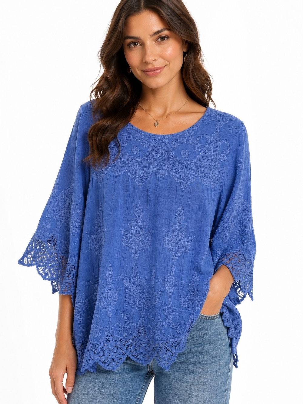 Soft Surroundings Embroidered Lace Tunic Top Blue Petite Large PL Boho Coastal
